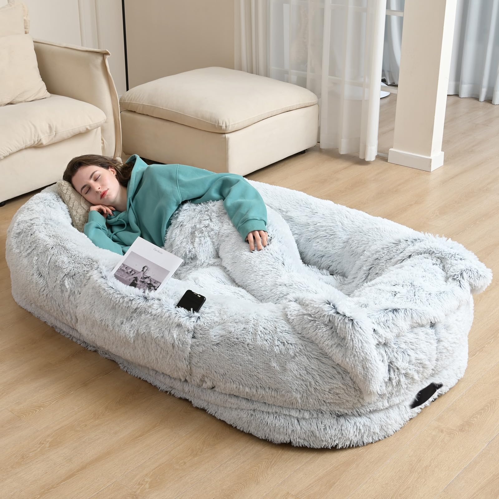 YAEM human dog bed grey setup shows a cozy shared lounging space.