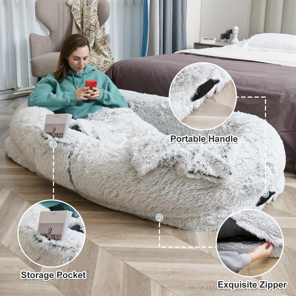 YAEM human dog bed plush faux fur surface invites touch and warmth.