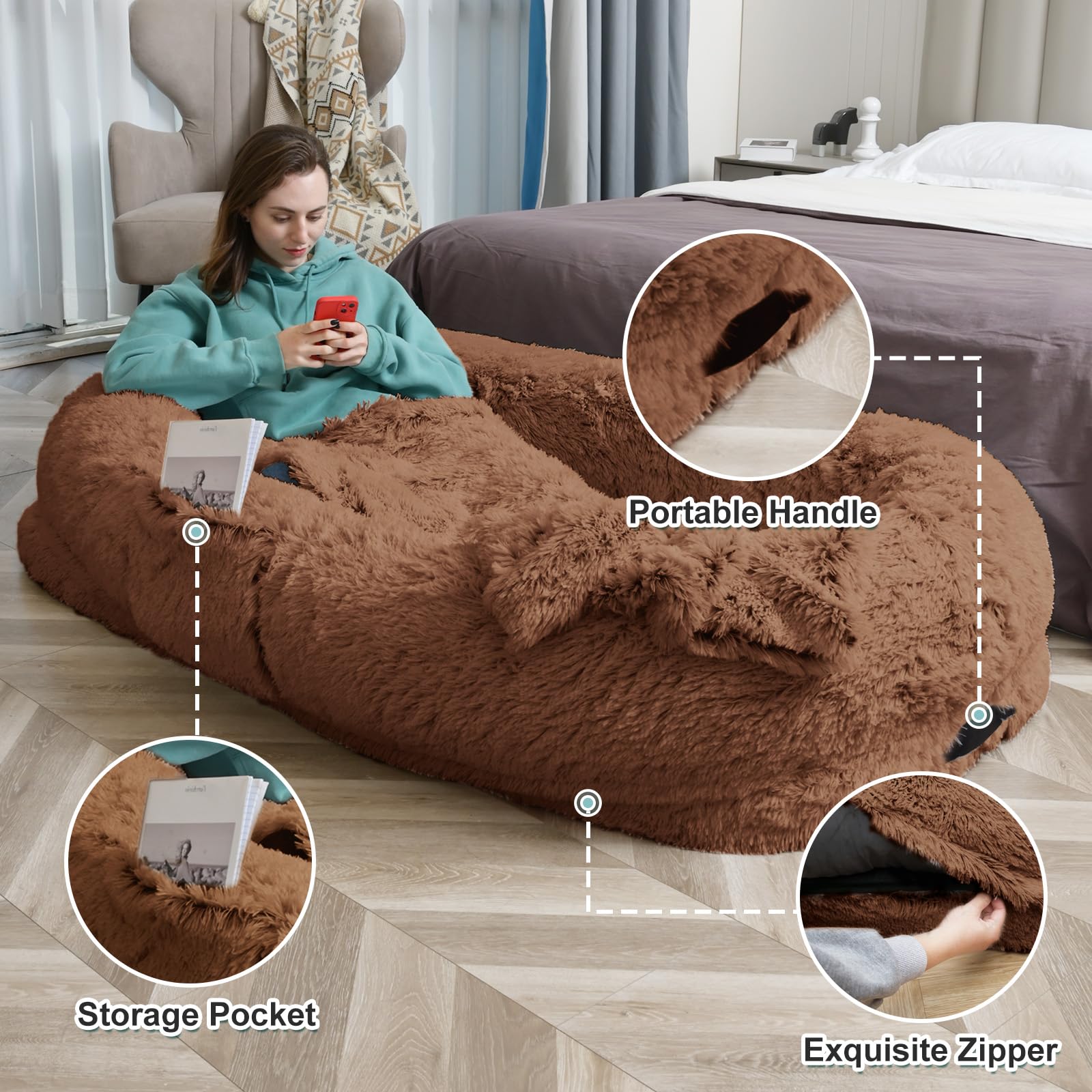 YAEM Human Dog Bed strap and handles enable easy transport and storage.