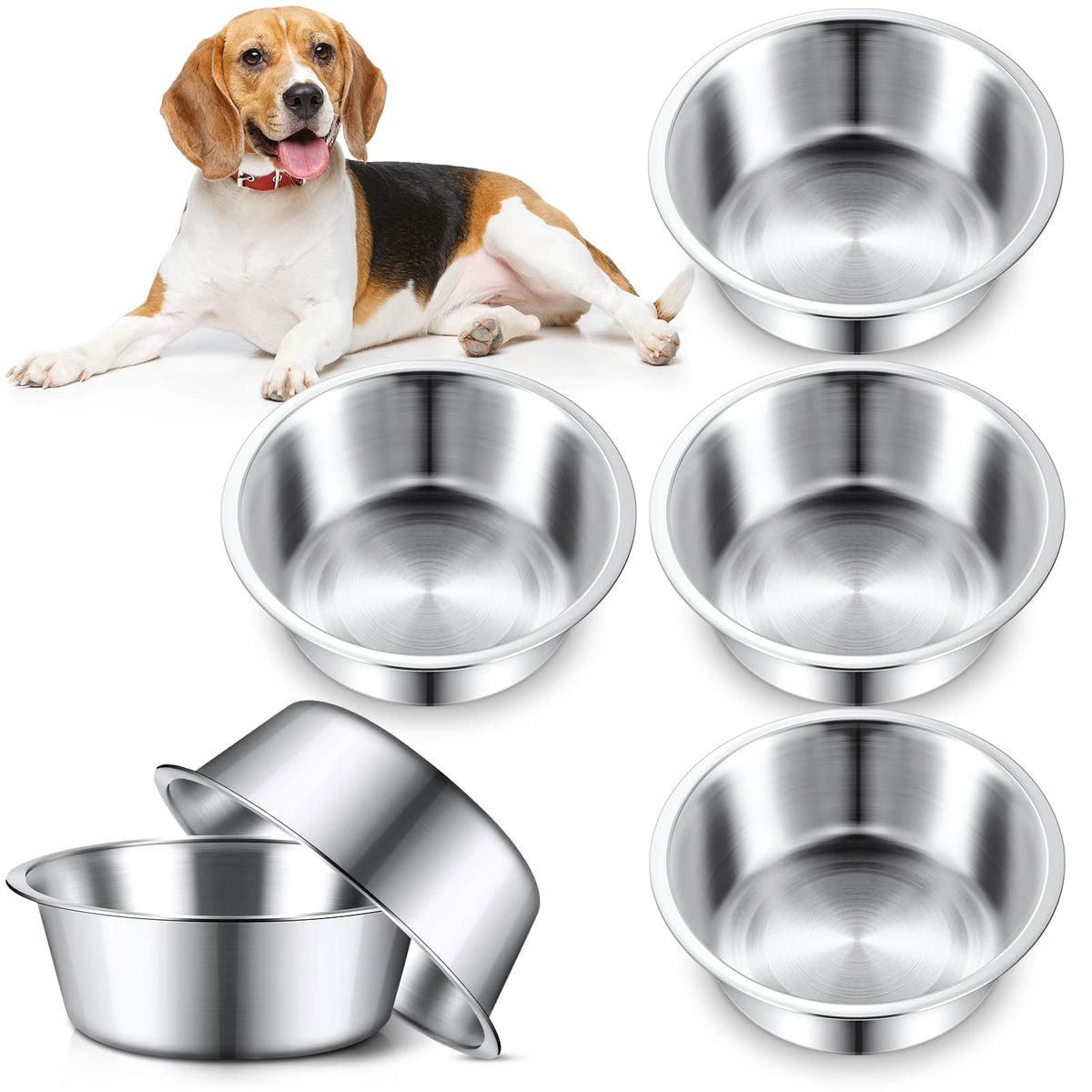Yahenda six-pack stainless steel dog bowls for daily feeding, durable and rust-resistant.