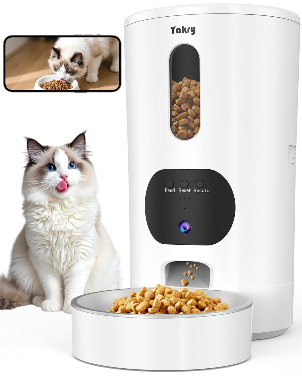 Yakry automatic cat feeder camera front view for real-time meal monitoring