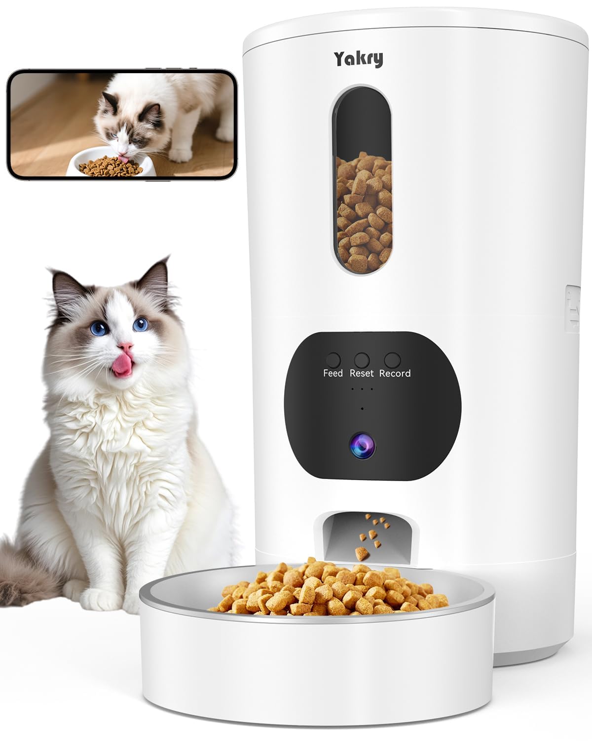 Yakry automatic cat feeder camera front view for real-time meal monitoring