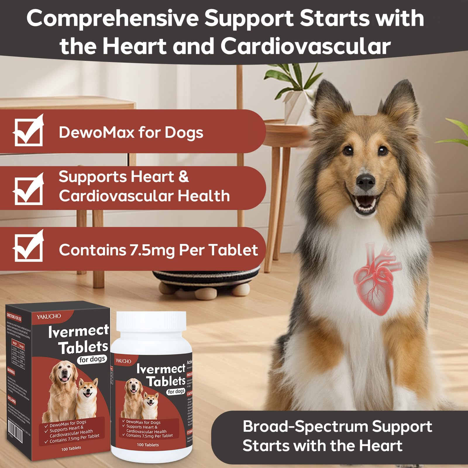 Yakucho Young Heart for Dogs tablets being poured demonstrates easy daily dosing.