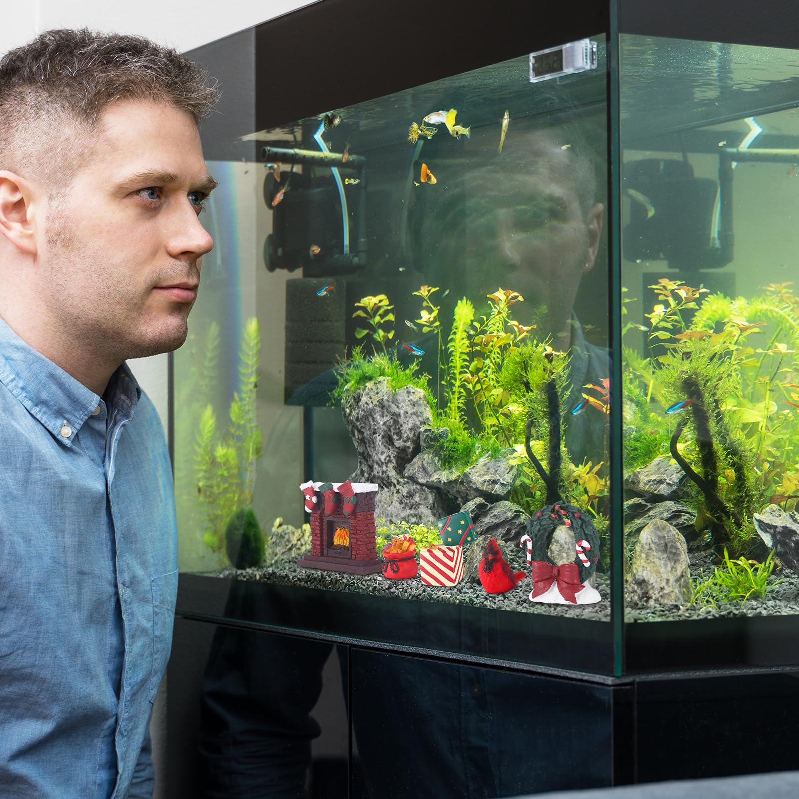 Yalikop House aquarium decor complements tabletop holiday setups