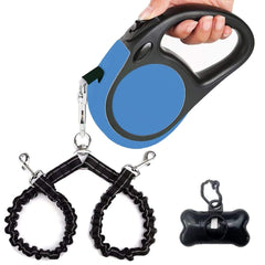 YaLunpc dual retractable leash shown for two dogs with 16 ft reach in blue