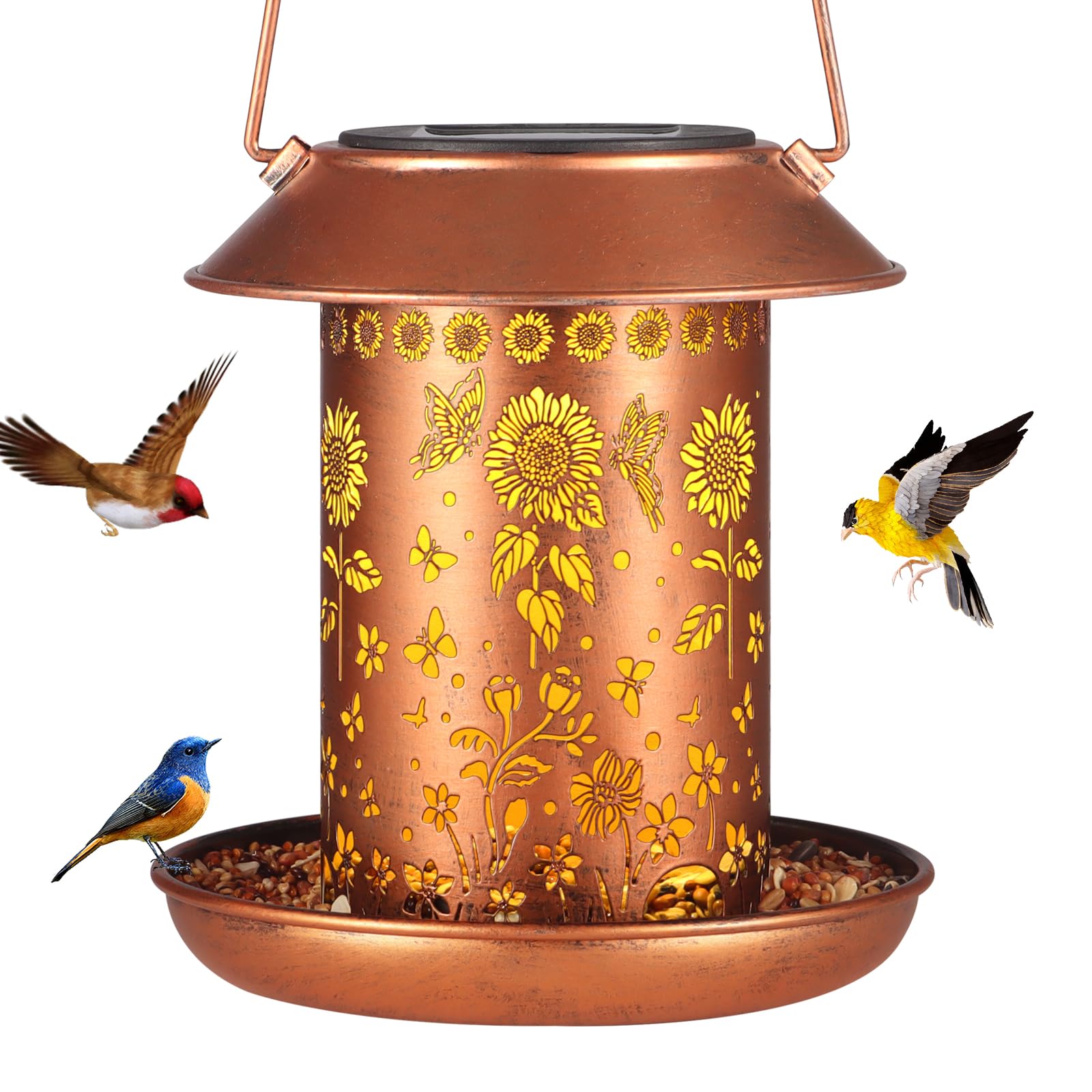 Yamodoor Sunflower Solar Bird Feeder front view with butterfly motif and glow