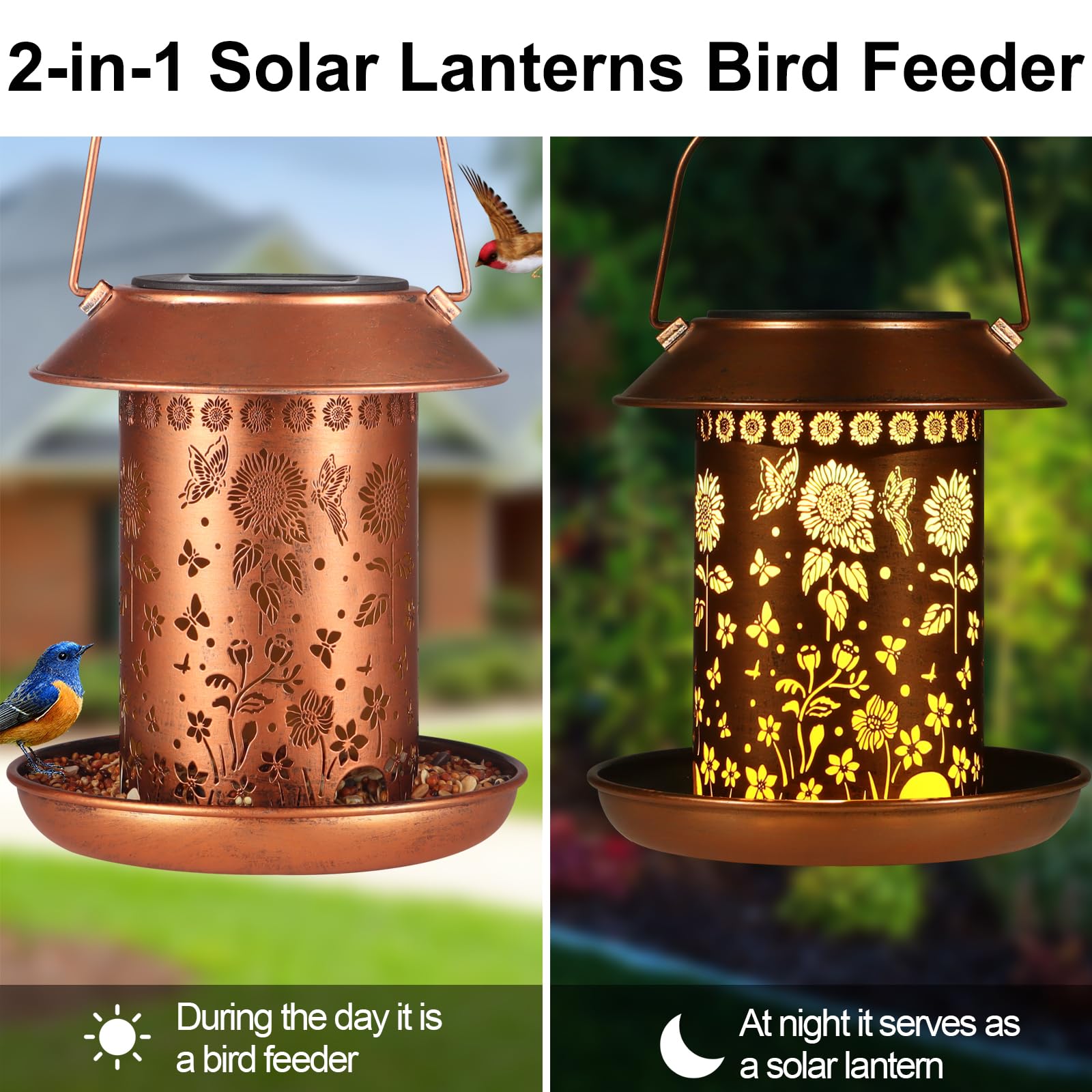 Yamodoor Sunflower Solar Bird Feeder lantern lit during evening hours