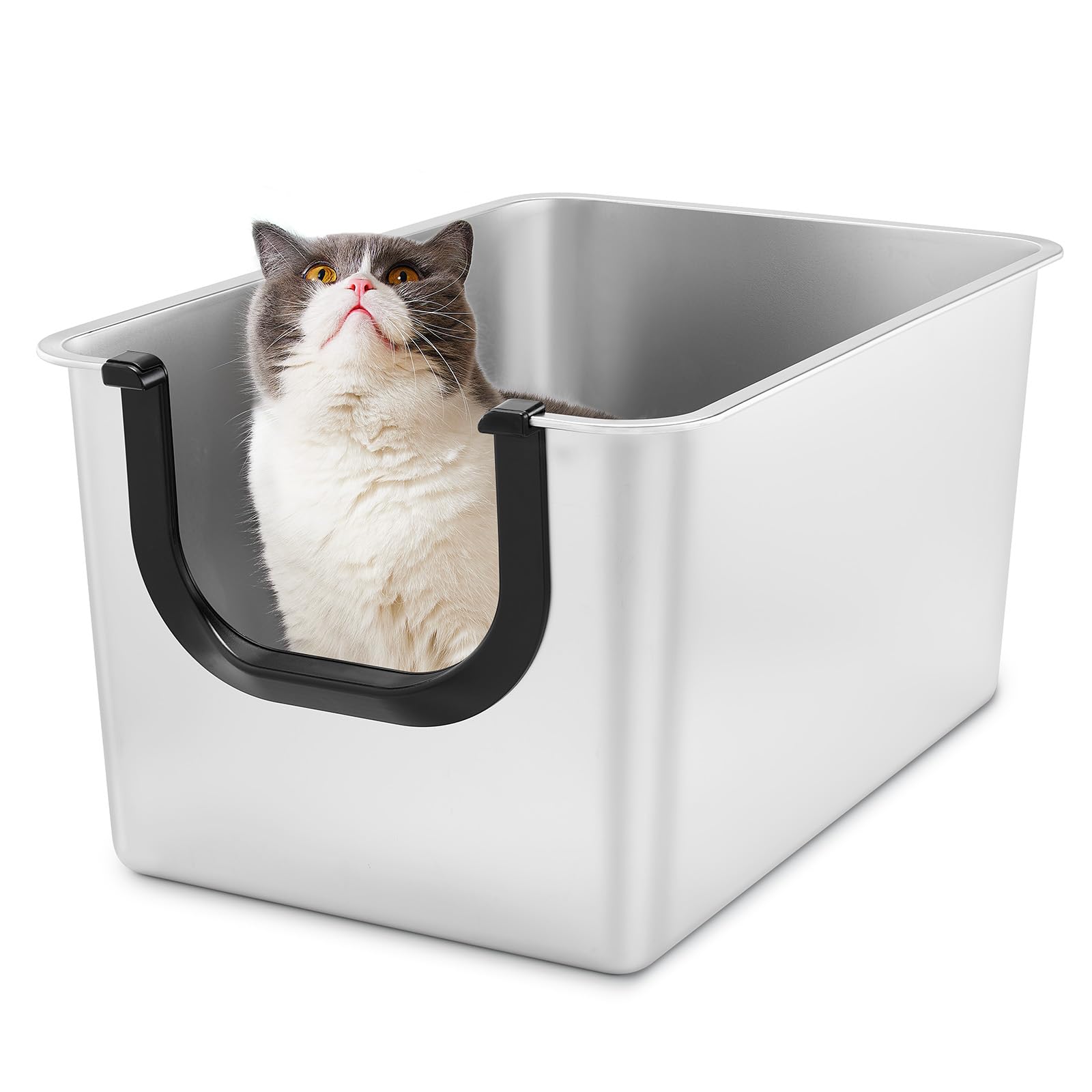 Yangbaga extra large stainless steel litter box closeup highlights seamless sides for leak containment.