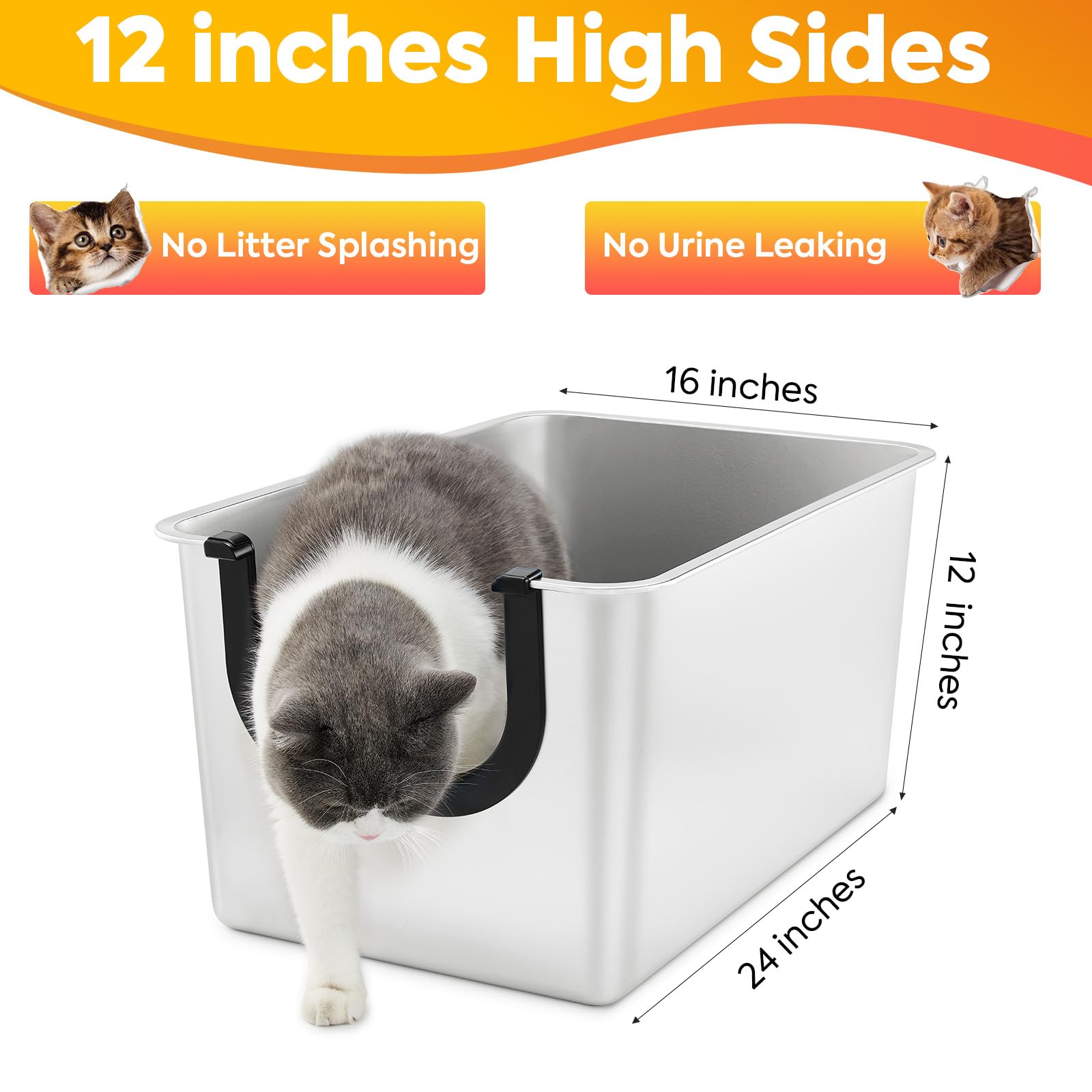 Yangbaga stainless steel litter box top-down view emphasizes 24 by 16 inch footprint for spacious use.