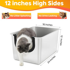 Yangbaga stainless steel litter box top-down view emphasizes 24 by 16 inch footprint for spacious use.