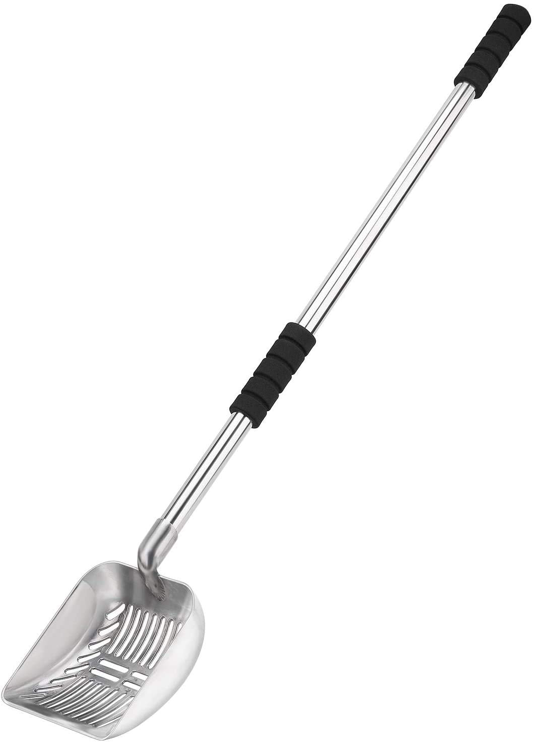 Yangbaga metal cat litter scoop with long handle for back-friendly cleaning and effortless scooping.