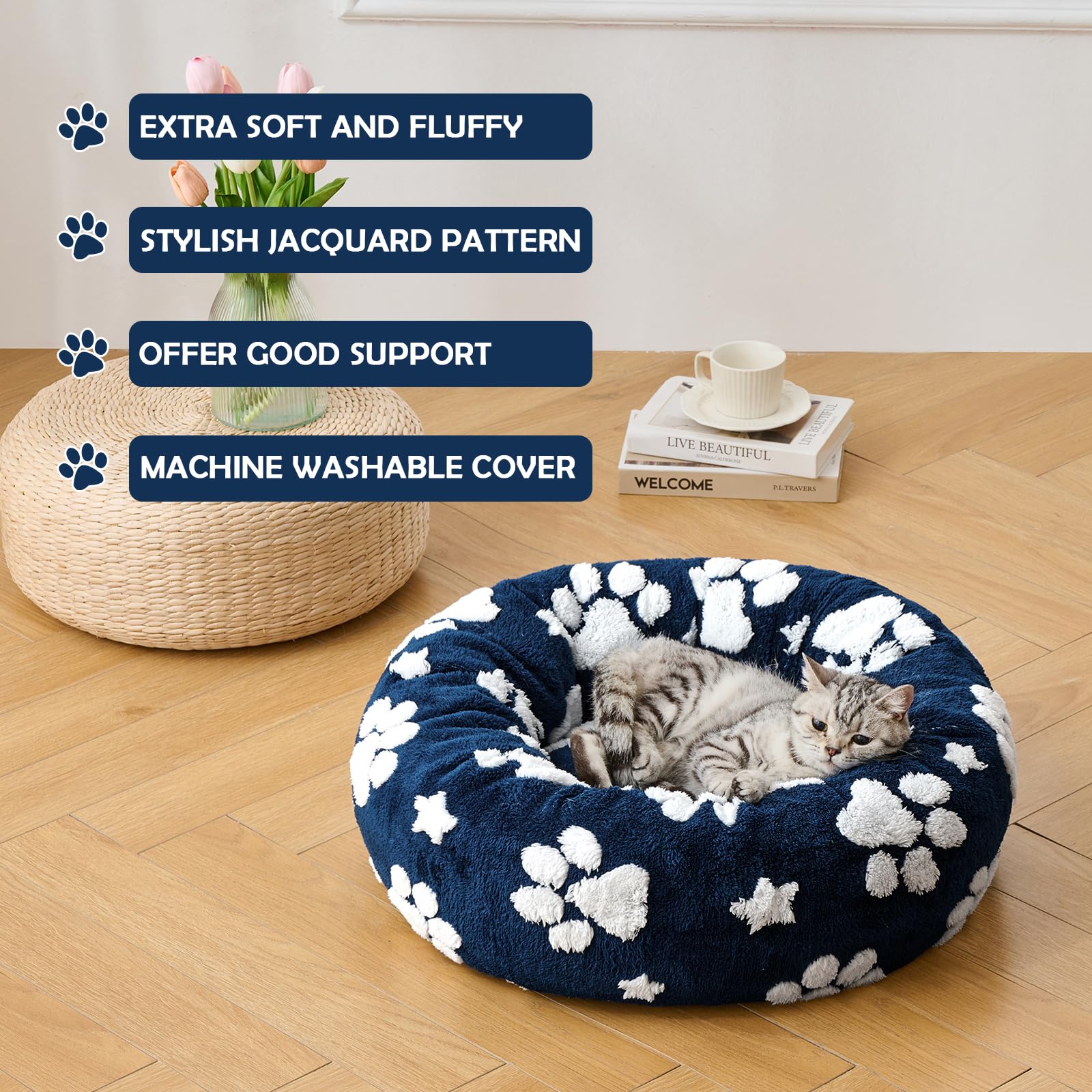 Yaning cat bed 3D paw pattern adds playful style and cozy lounge
