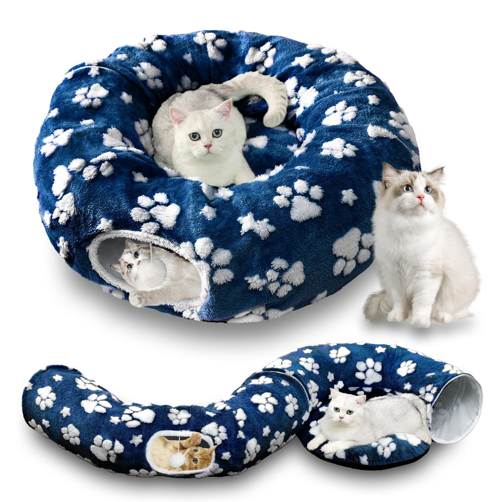 Yaning cat tunnel with dangling ball boosts playtime and exercise.