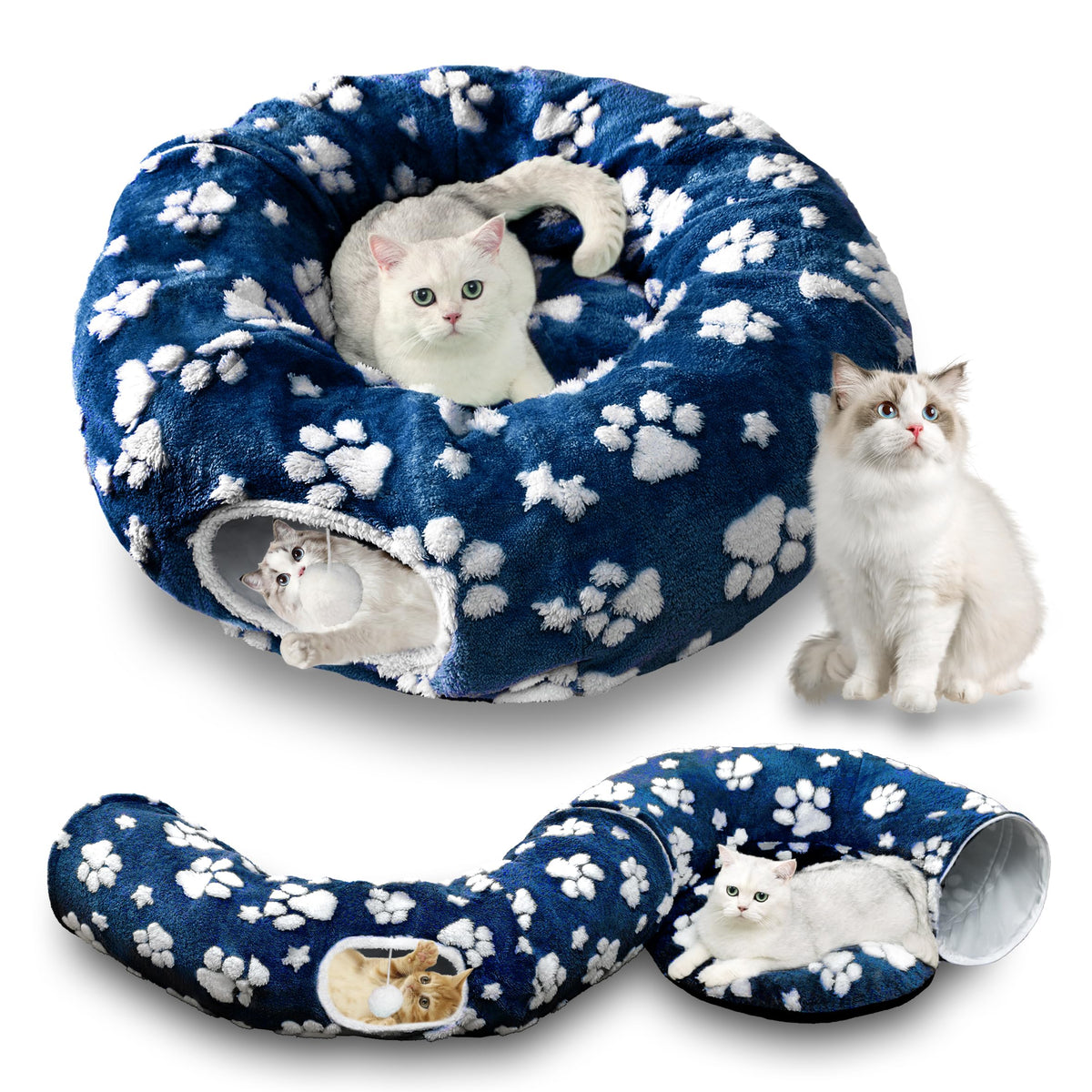 Yaning cat tunnel with dangling ball boosts playtime and exercise.