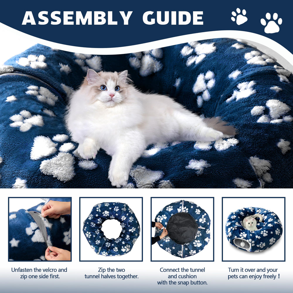 Yaning cat tunnel donut bed setup blends with home decor.