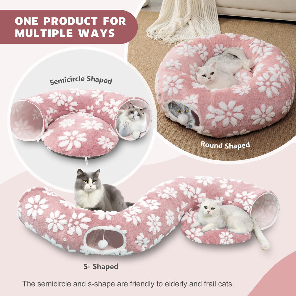 Yaning cat tunnel entrance with hanging ball for interactive play.