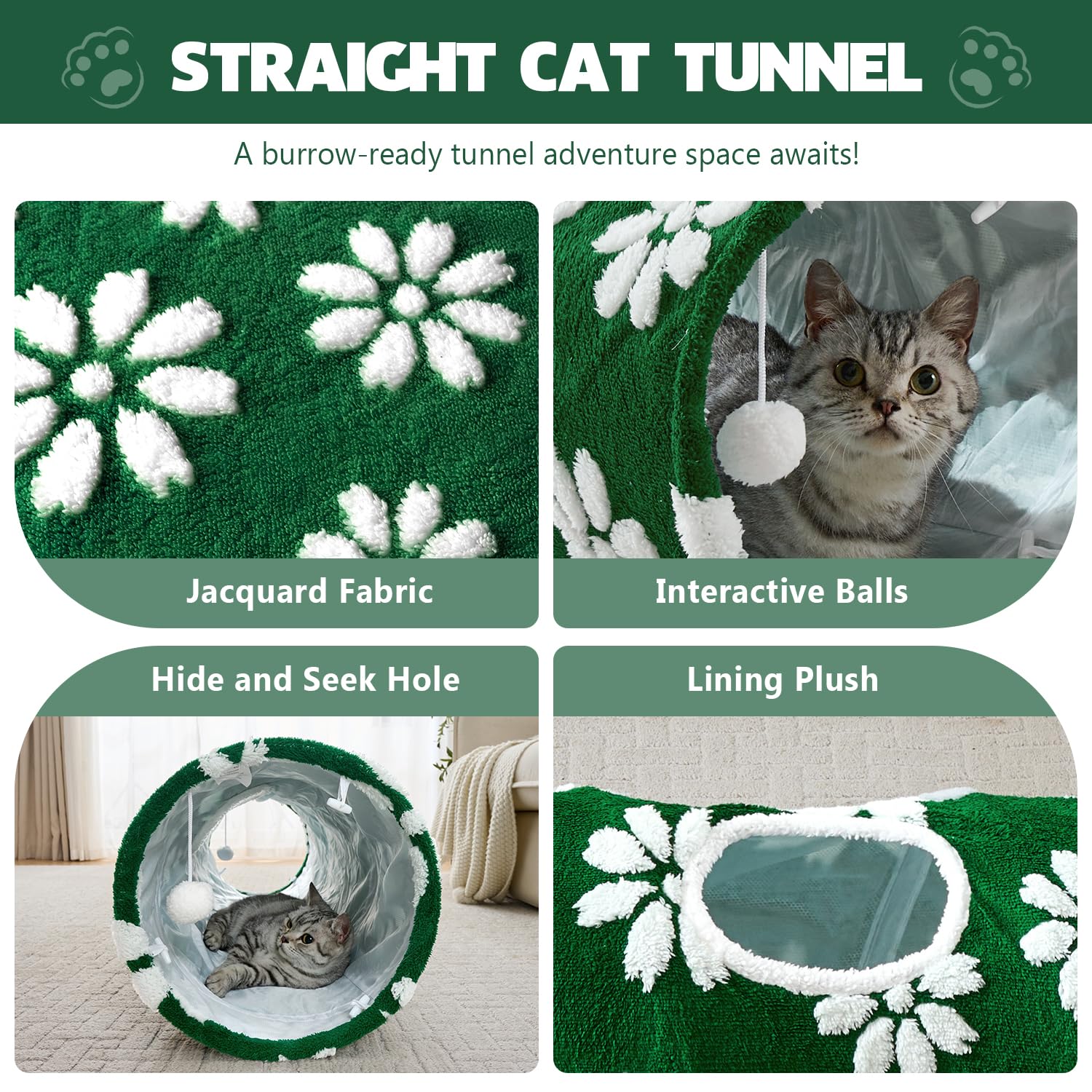 Yaning cat tunnel green flower pattern adds stylish decor while inviting exploration.