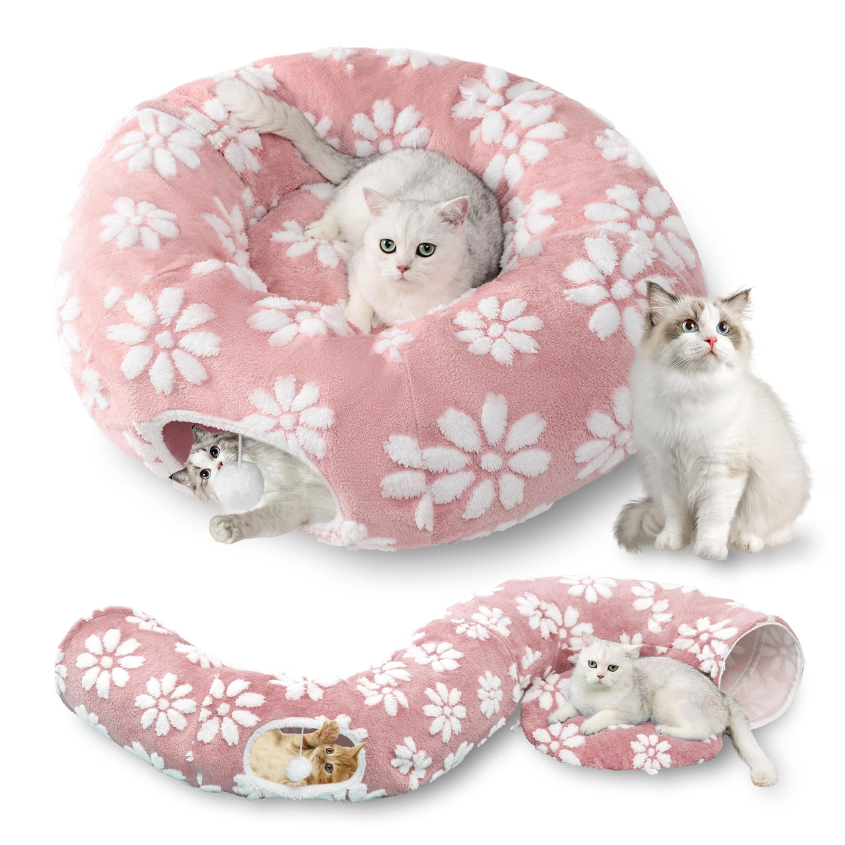 Yaning cat tunnel interior with plush sherpa cushion for cozy rest.