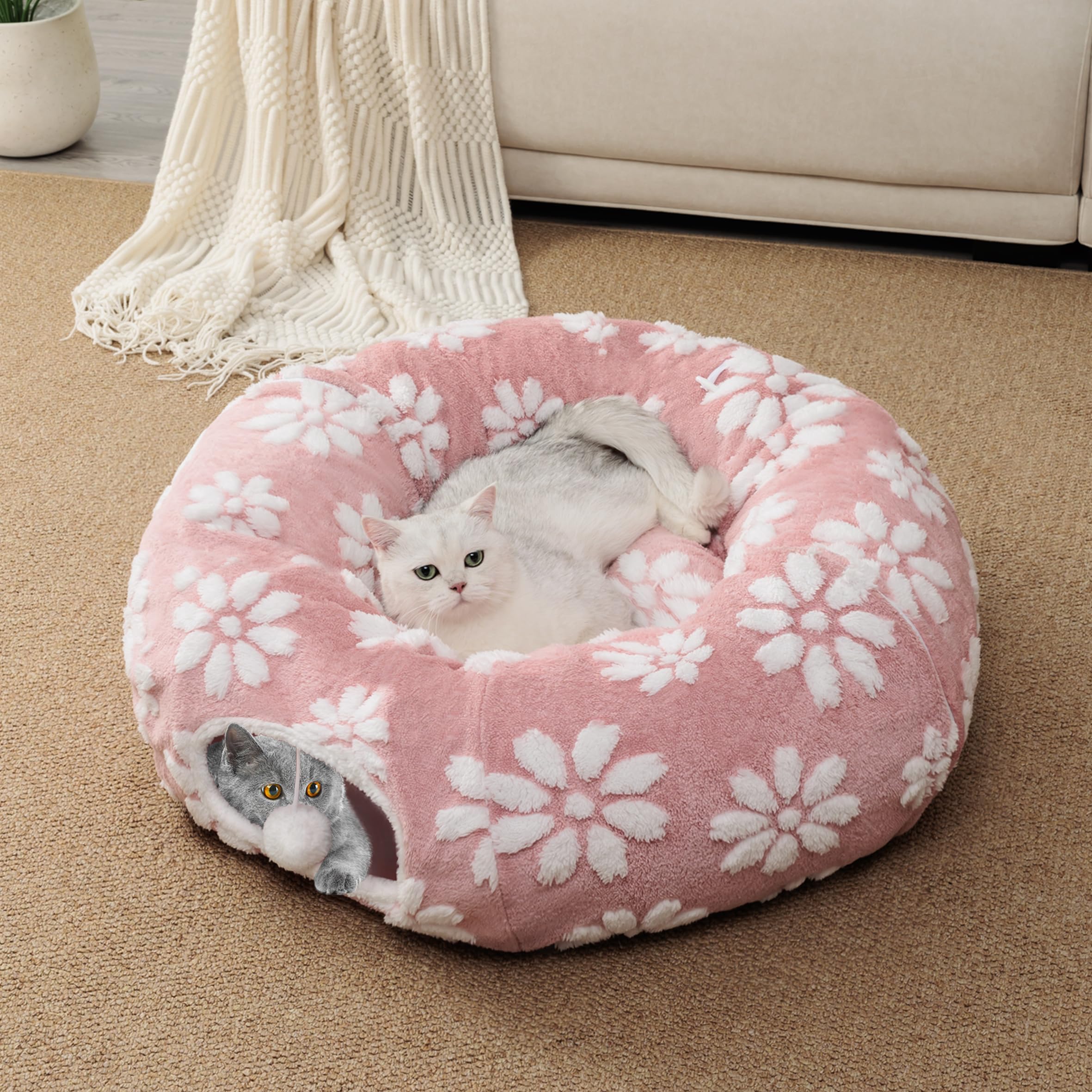 Yaning cat tunnel peep hole view lets pets observe surroundings.