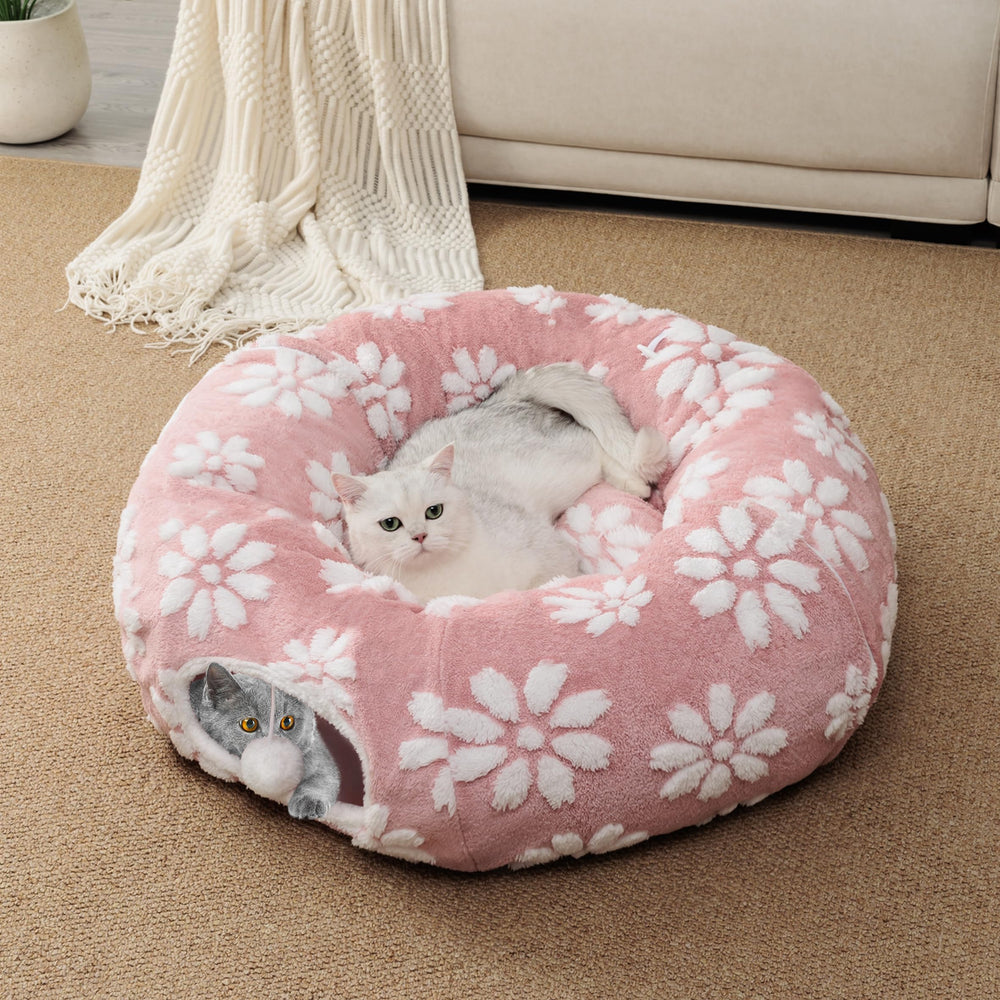 Yaning cat tunnel peep hole view lets pets observe surroundings.