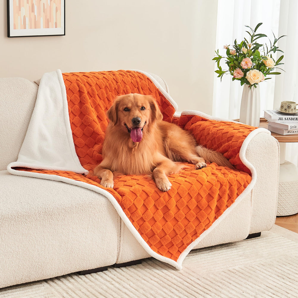 Yaning checkered waterproof blanket on bed and couch protects against spills and pet fur.