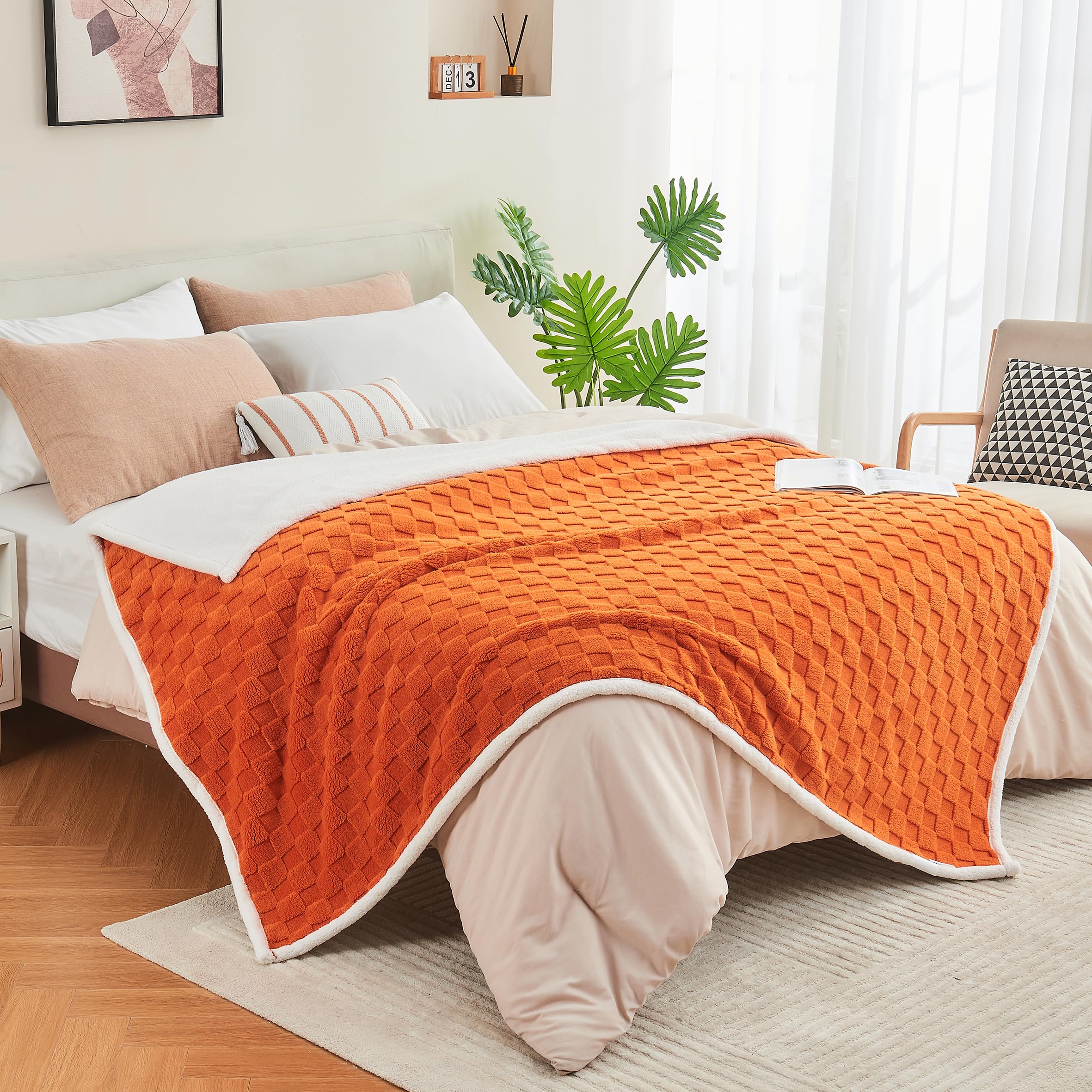 Yaning checkered waterproof blanket in burnt orange brightens rooms while protecting furniture.