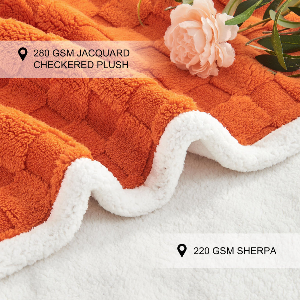Yaning checkered waterproof blanket on sofa showcases reversible sherpa plush comfort.