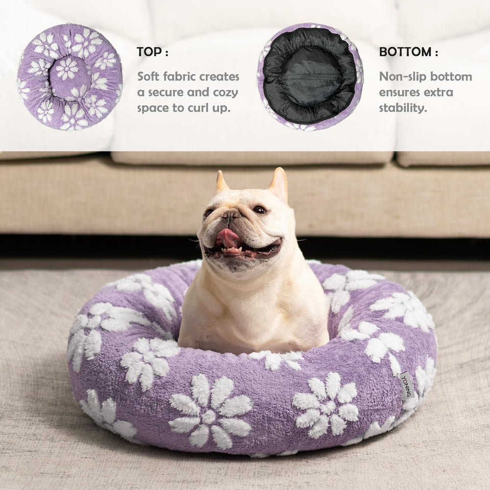 Yaning donut bed purple fabric closeup plush highlights ultra-soft feel and warmth.