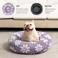 Yaning donut bed purple fabric closeup plush highlights ultra-soft feel and warmth.