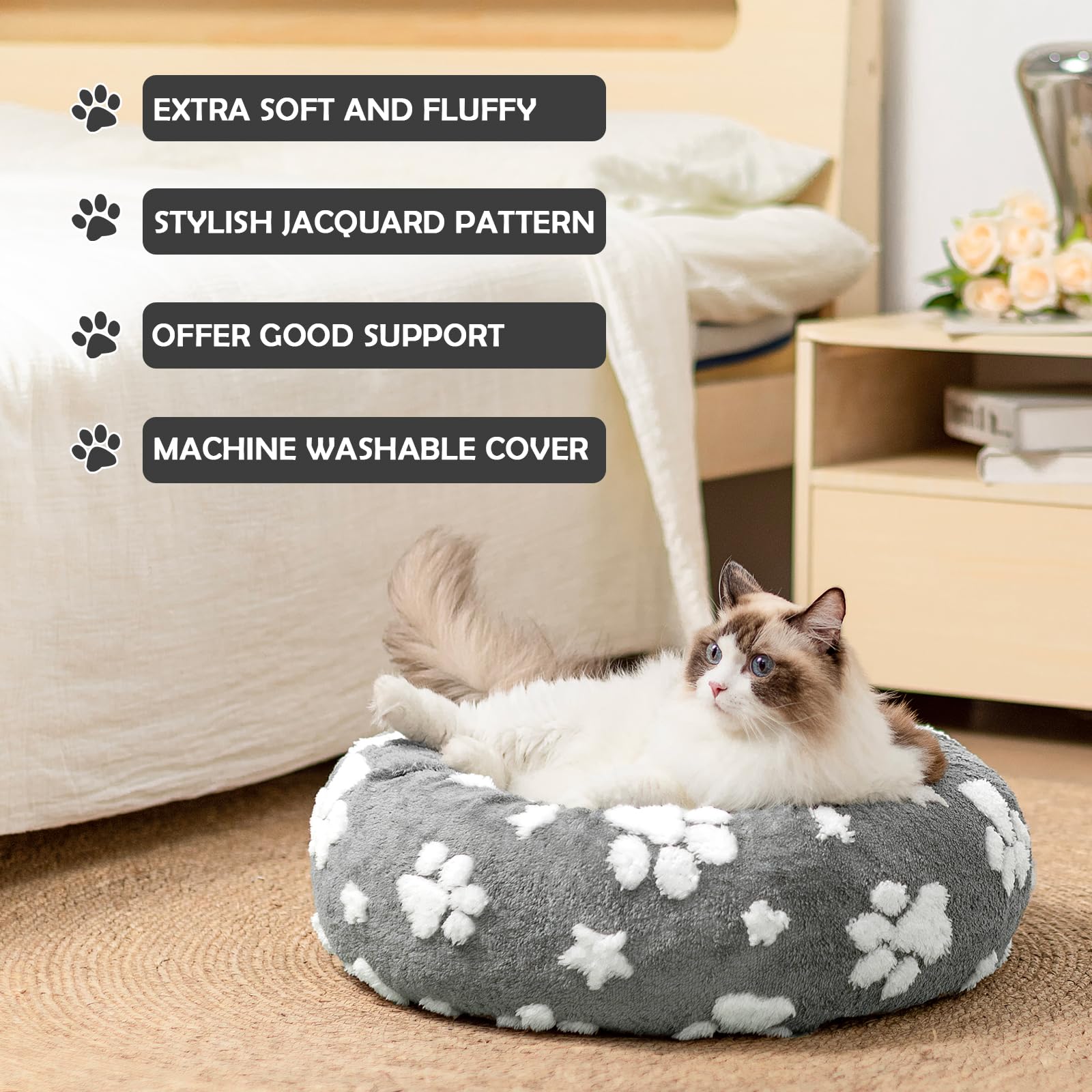 Yaning donut bed displays raised neck support for comfortable resting