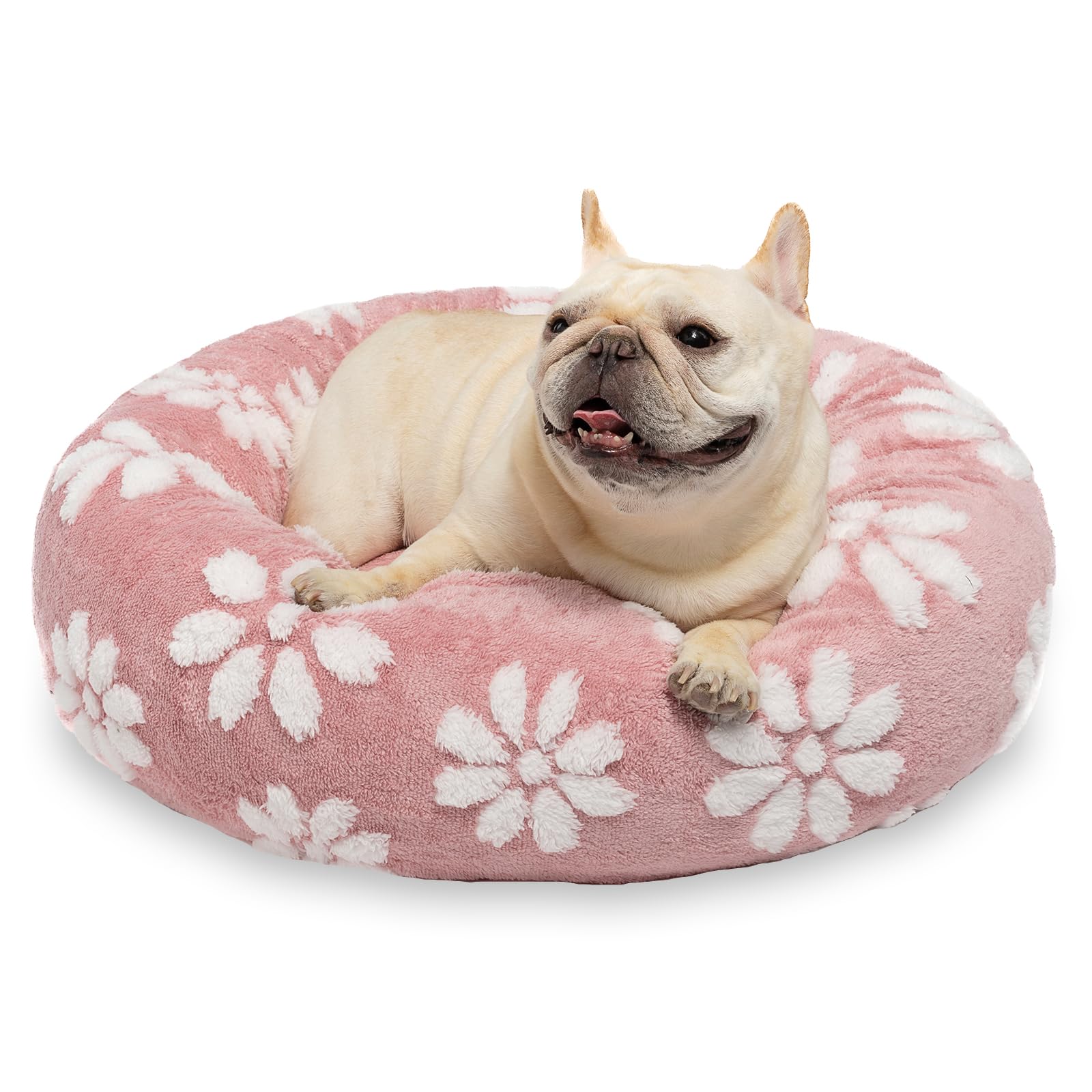 Yaning donut dog bed pink with ultra-soft plush fabric for cozy naps.