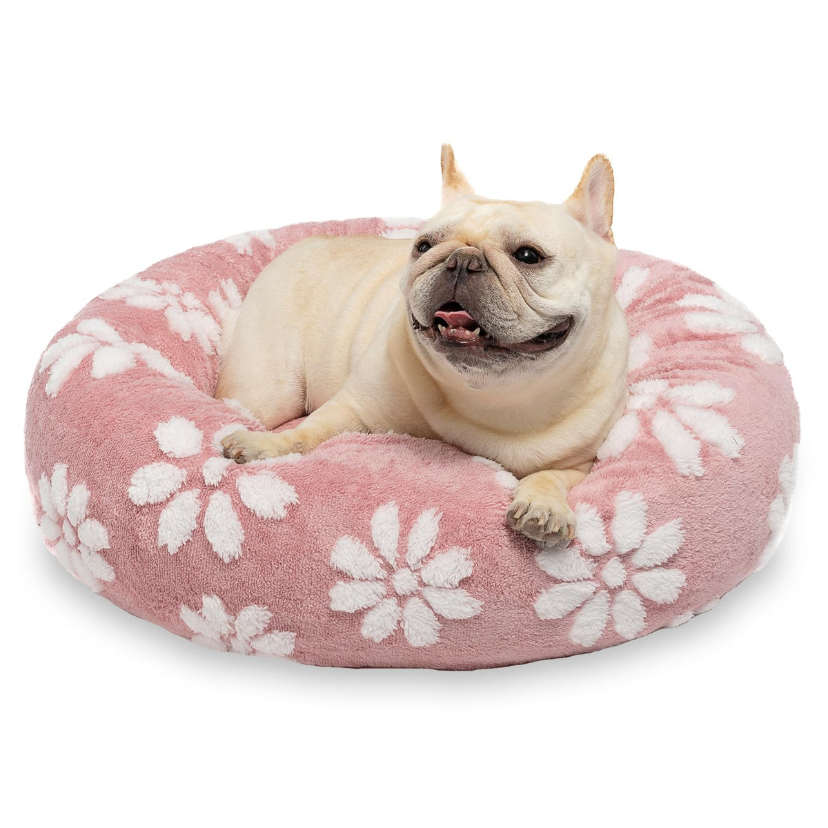 Yaning donut dog bed pink with ultra-soft plush fabric for cozy naps.