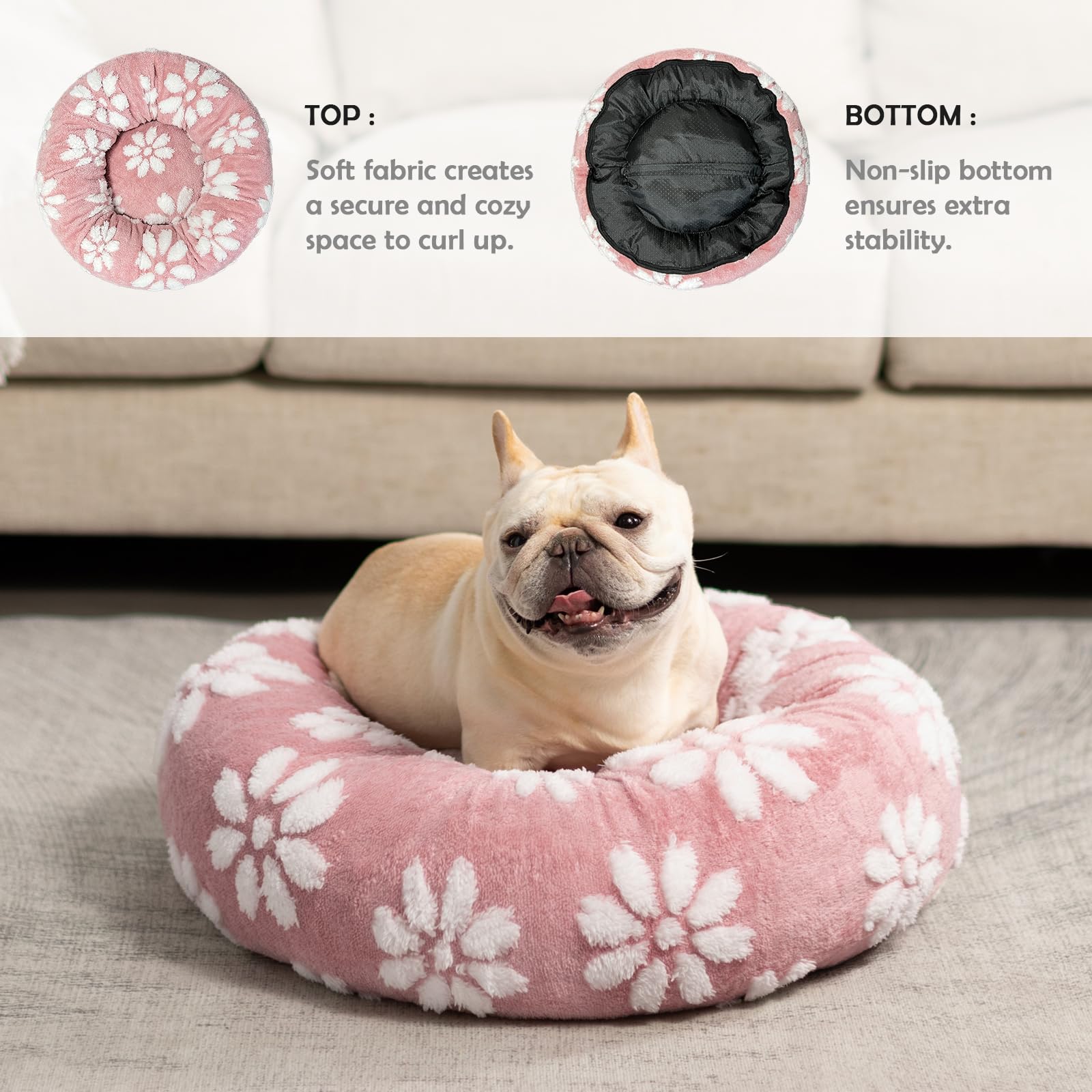 Yaning donut bed pink shows 360° calming surround for secure snuggling.