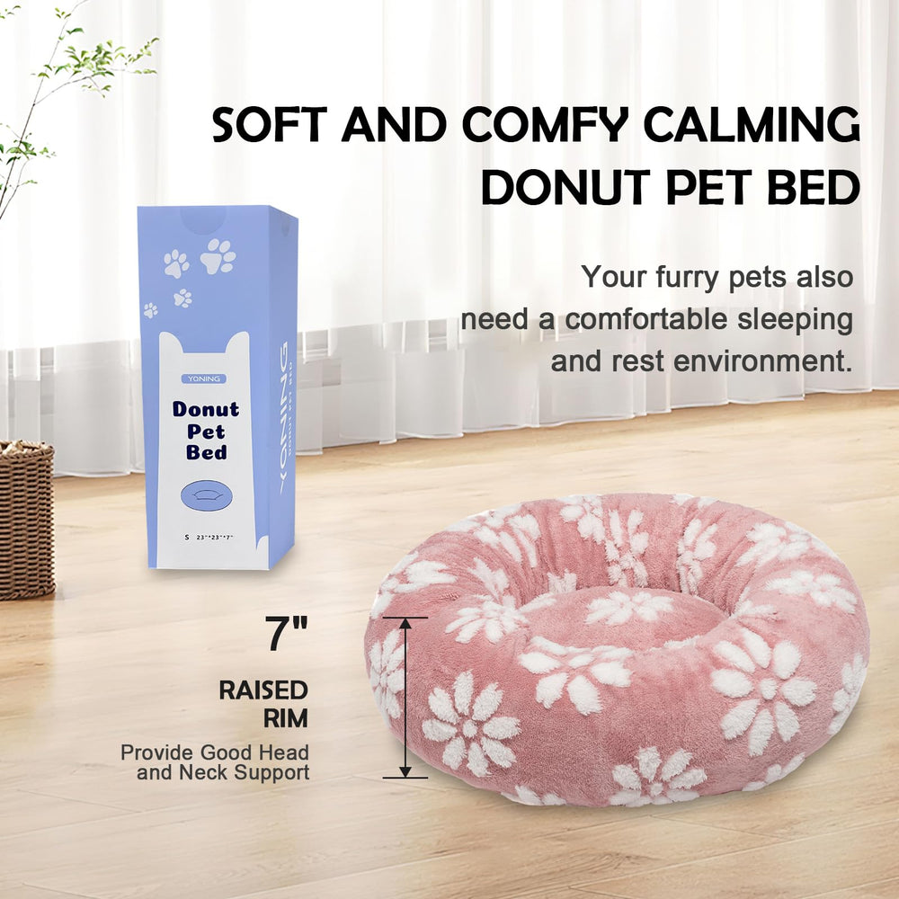 Yaning donut bed pink with 3D flower pattern adds decorative appeal.