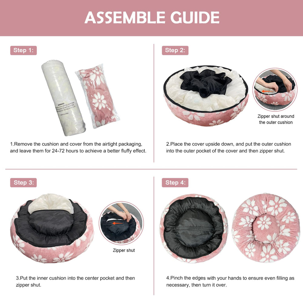 Yaning donut bed pink includes anti-slip bottom for stable placement.