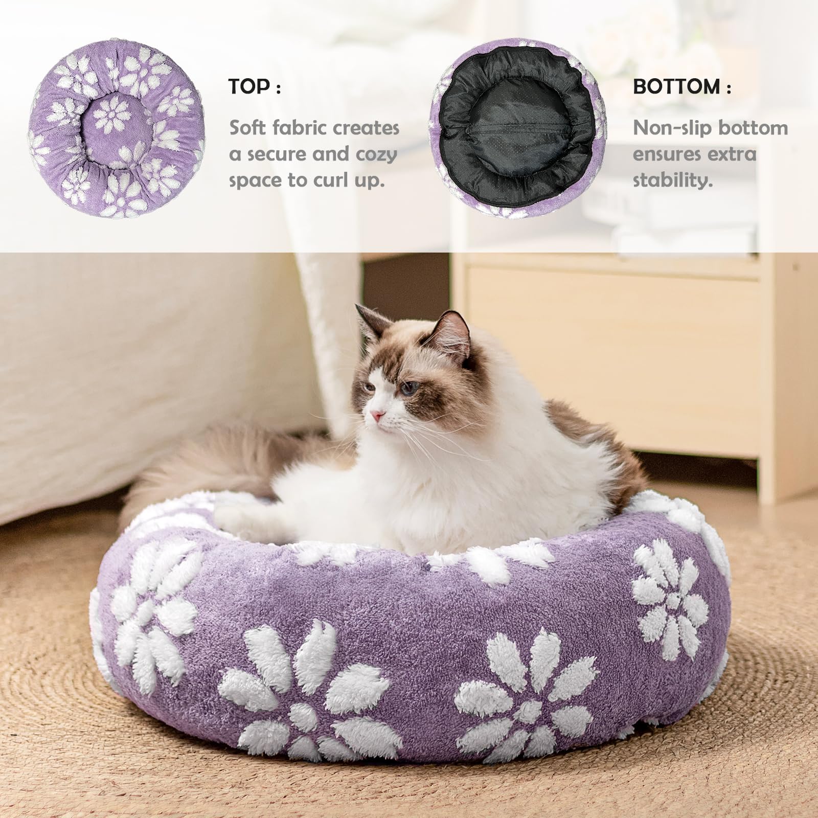 Yaning Donut Bed purple side view highlights raised rim for neck support