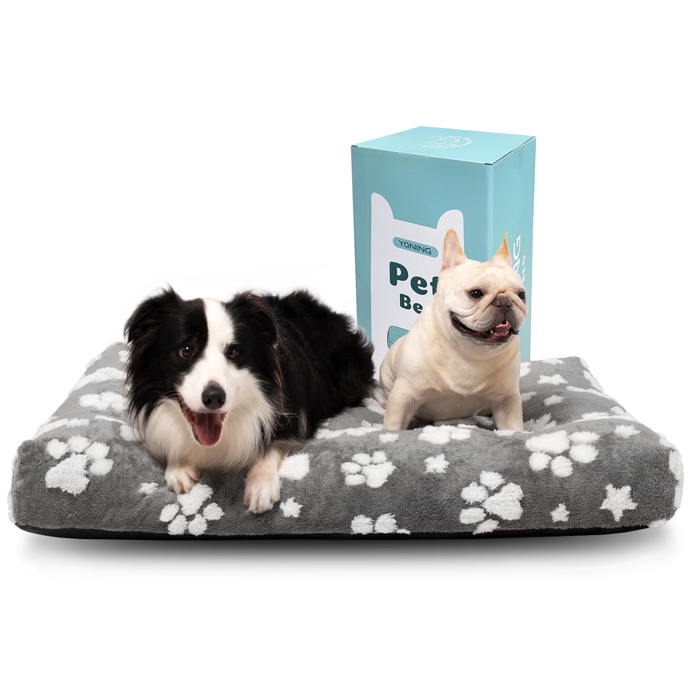 Yaning extra-large dog bed on floor with grey paw pattern for cozy sleep.