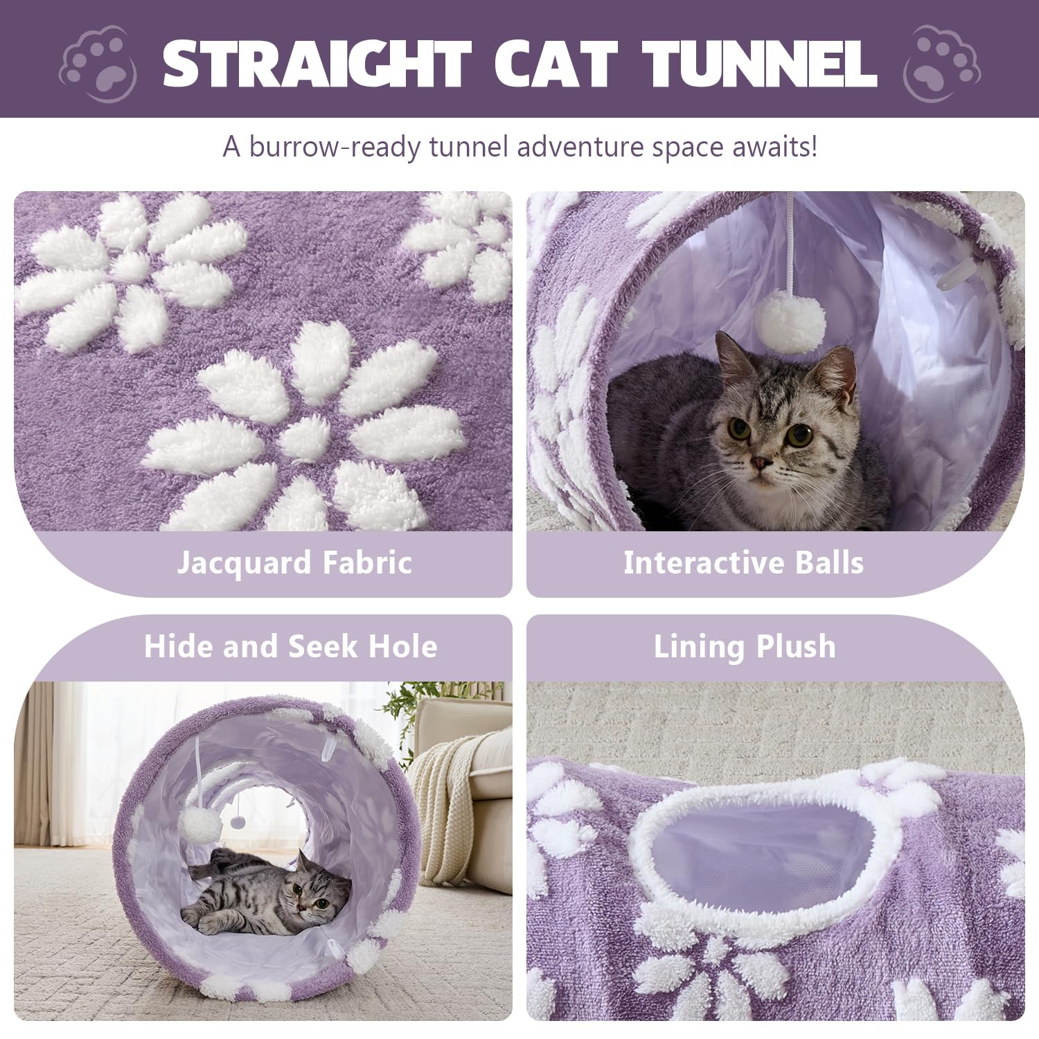 Yaning cat tunnel entrance with hanging balls for batting and pouncing fun