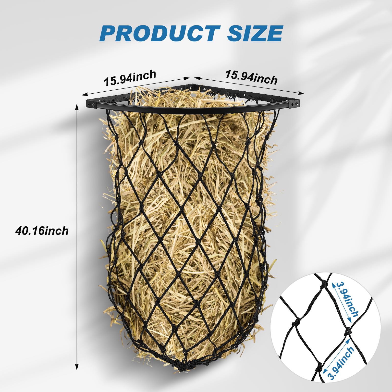 Yaocom black corner hay feeder with nylon net slows feeding.