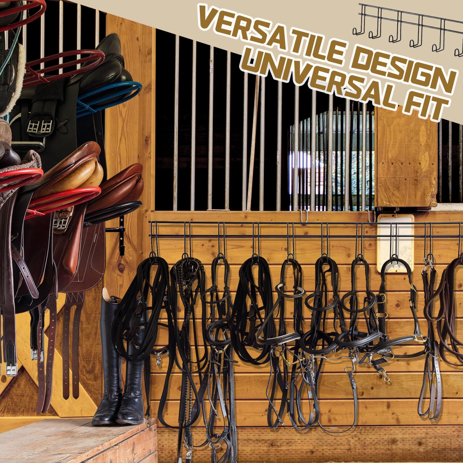 Yaocom wall-mount tack rack demonstrates space-saving, durable iron construction.