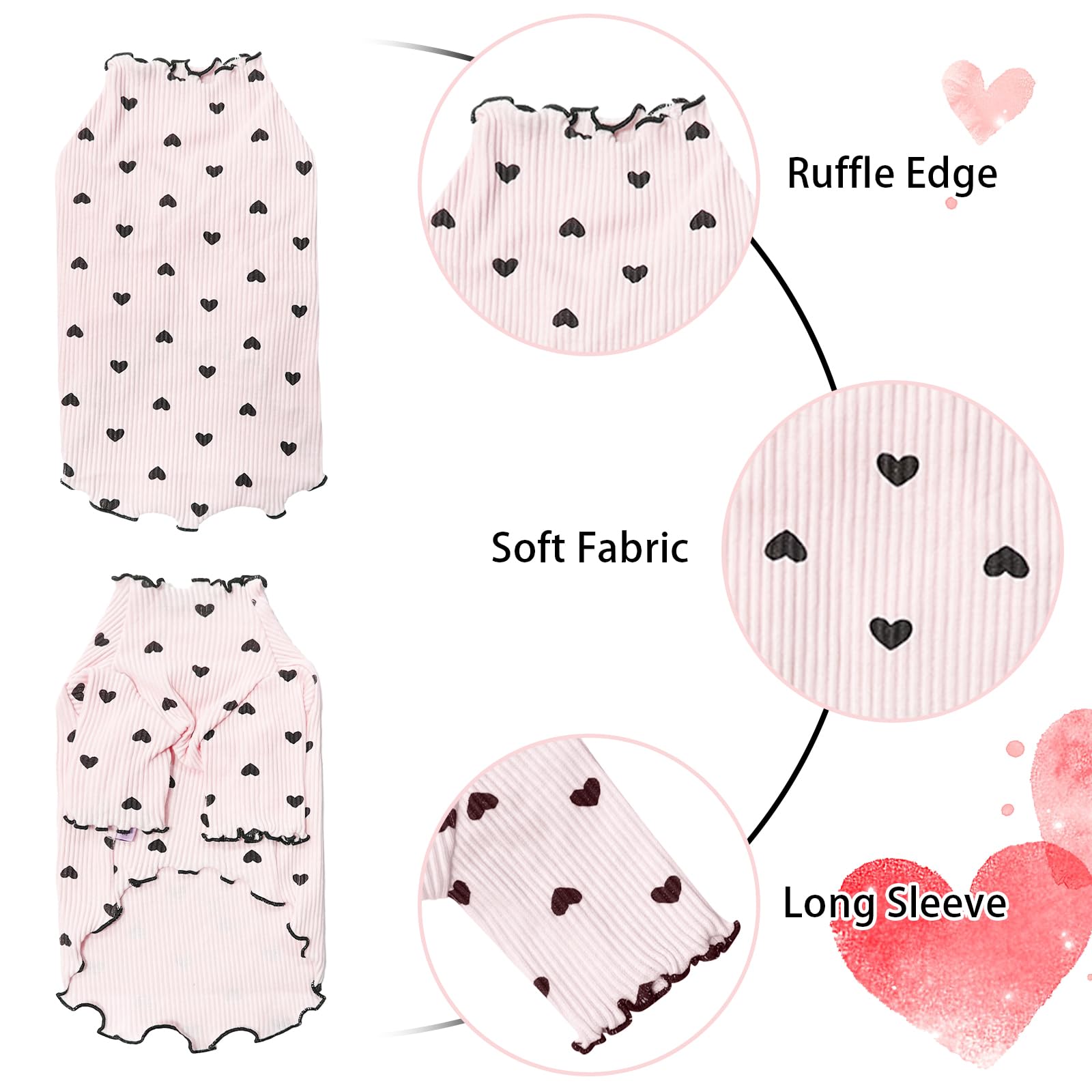 Yaopelky pink heart-print shirt close-up showing ruffle edge and stretch
