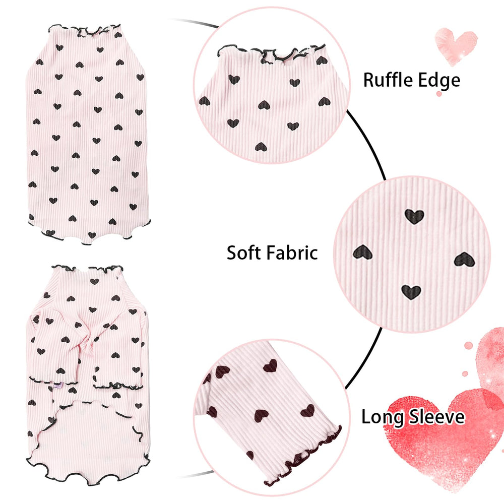 Yaopelky pink heart-print shirt close-up showing ruffle edge and stretch