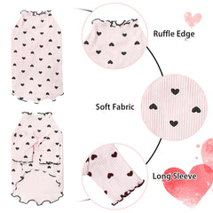 Yaopelky pink heart-print shirt close-up showing ruffle edge and stretch