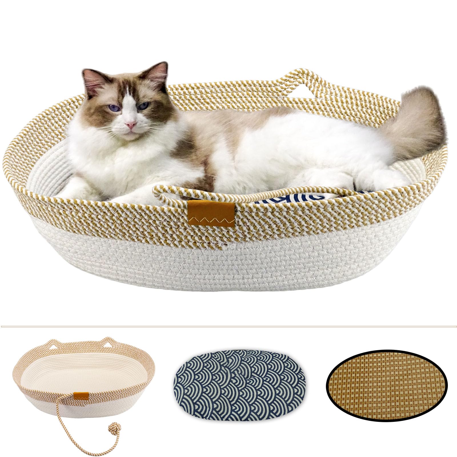 Yaruiguang cat bed in oval shape showing durable cotton rope weave for all-season use