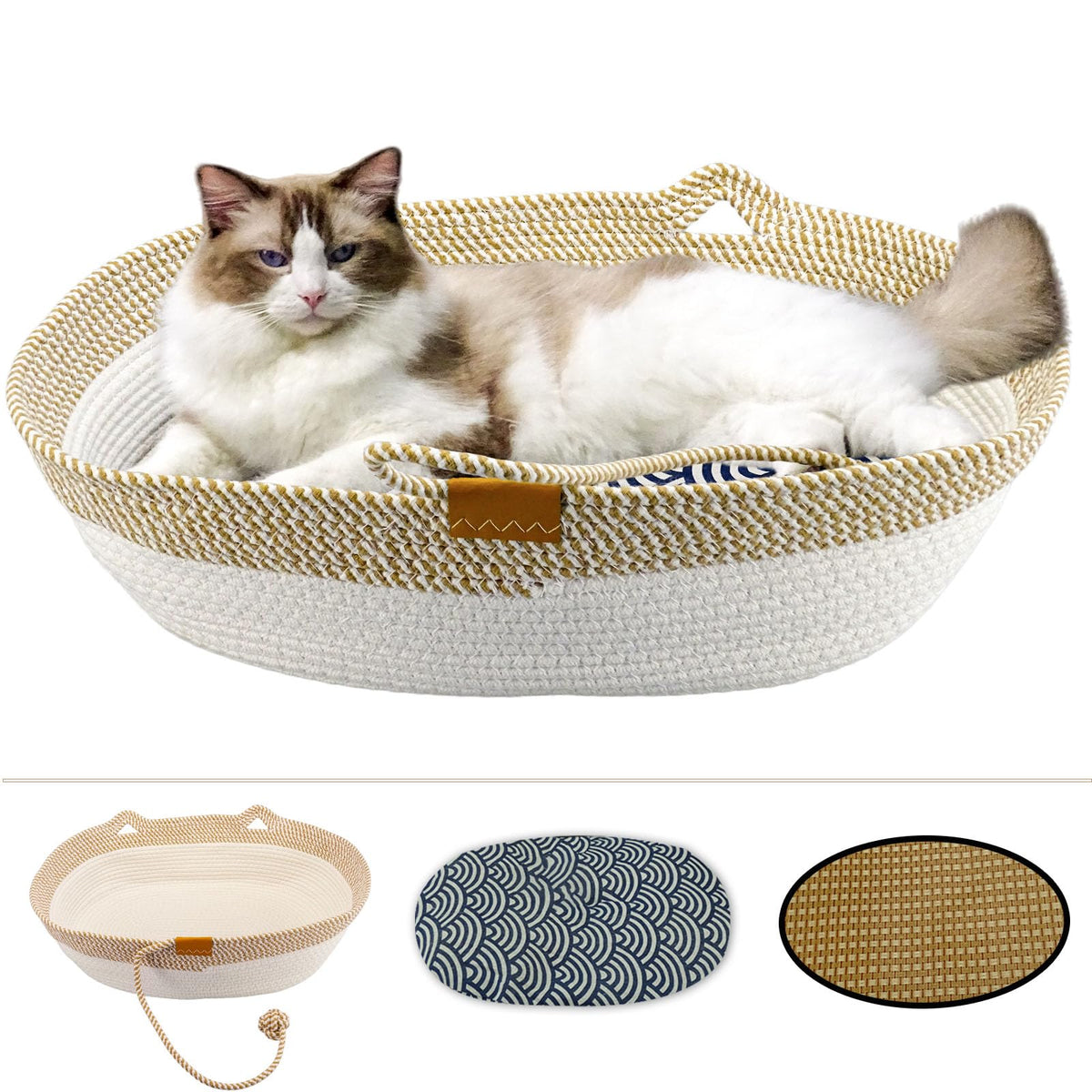 Yaruiguang cat bed in oval shape showing durable cotton rope weave for all-season use