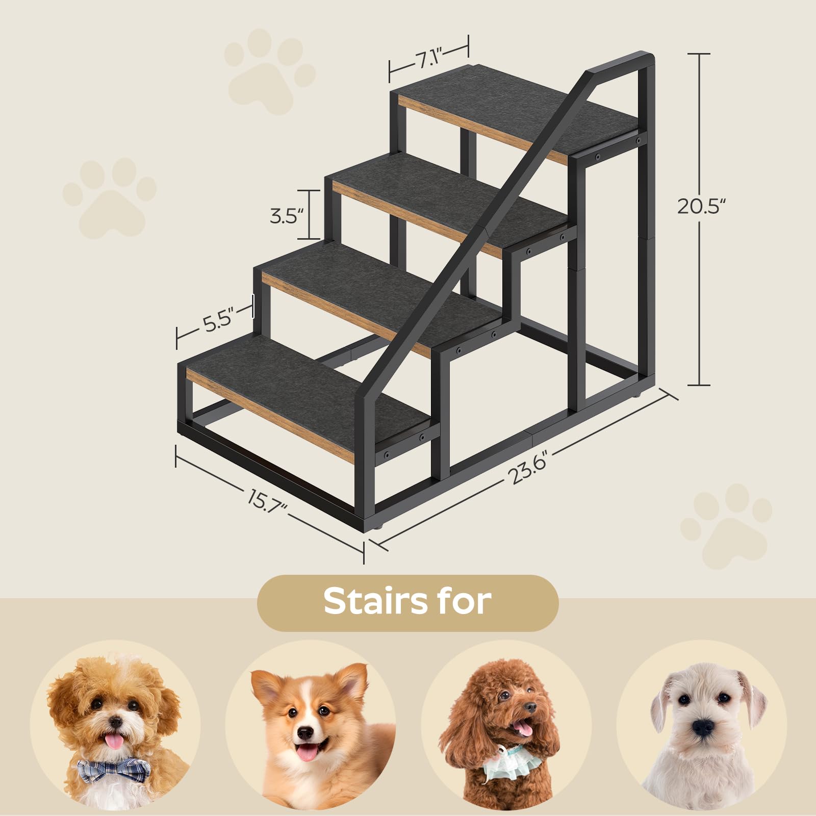 A dog uses YATINEY stairs on a bed to reach favorite resting spot.