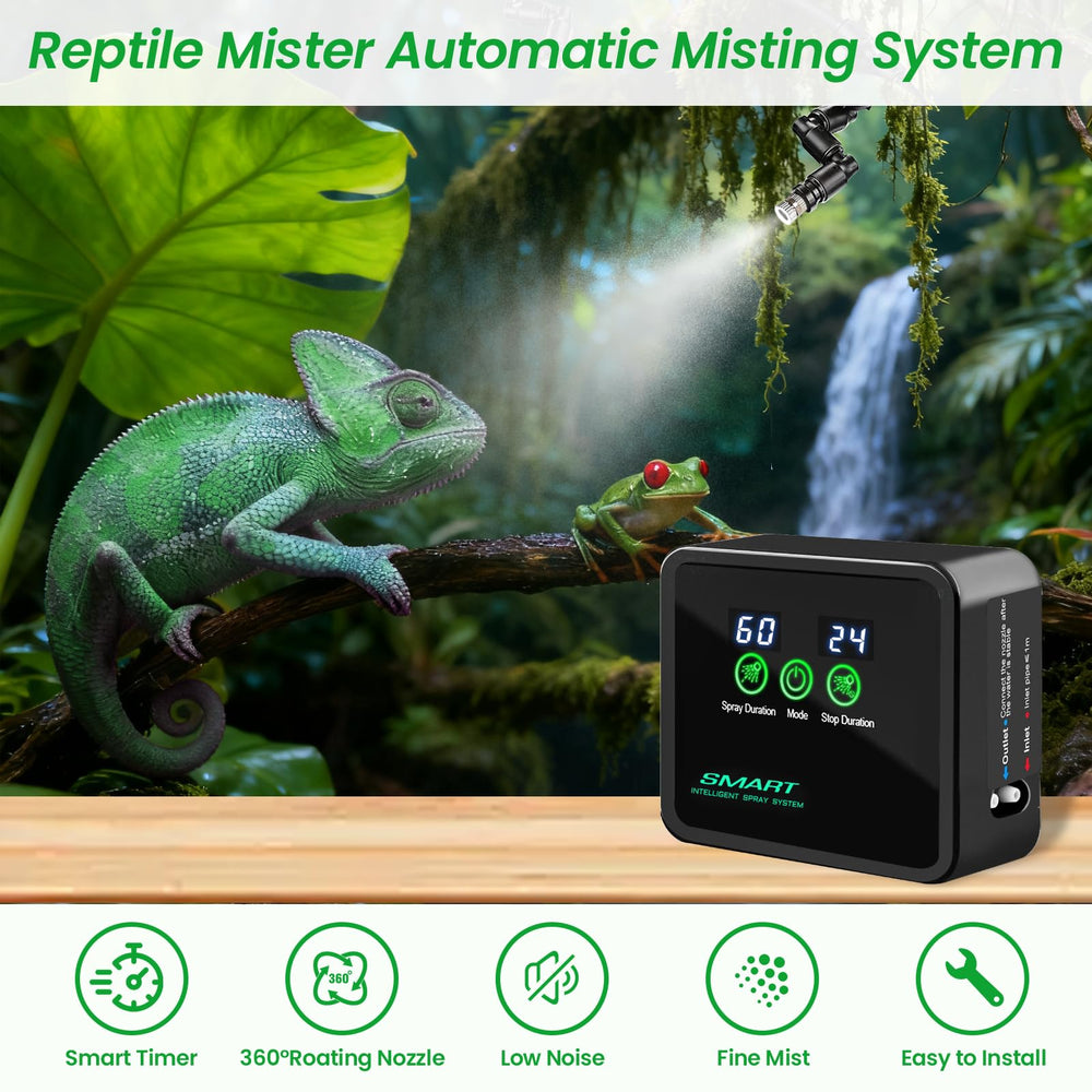 Ycxydr Reptile Mister 360° nozzles deliver even moisture across the tank.