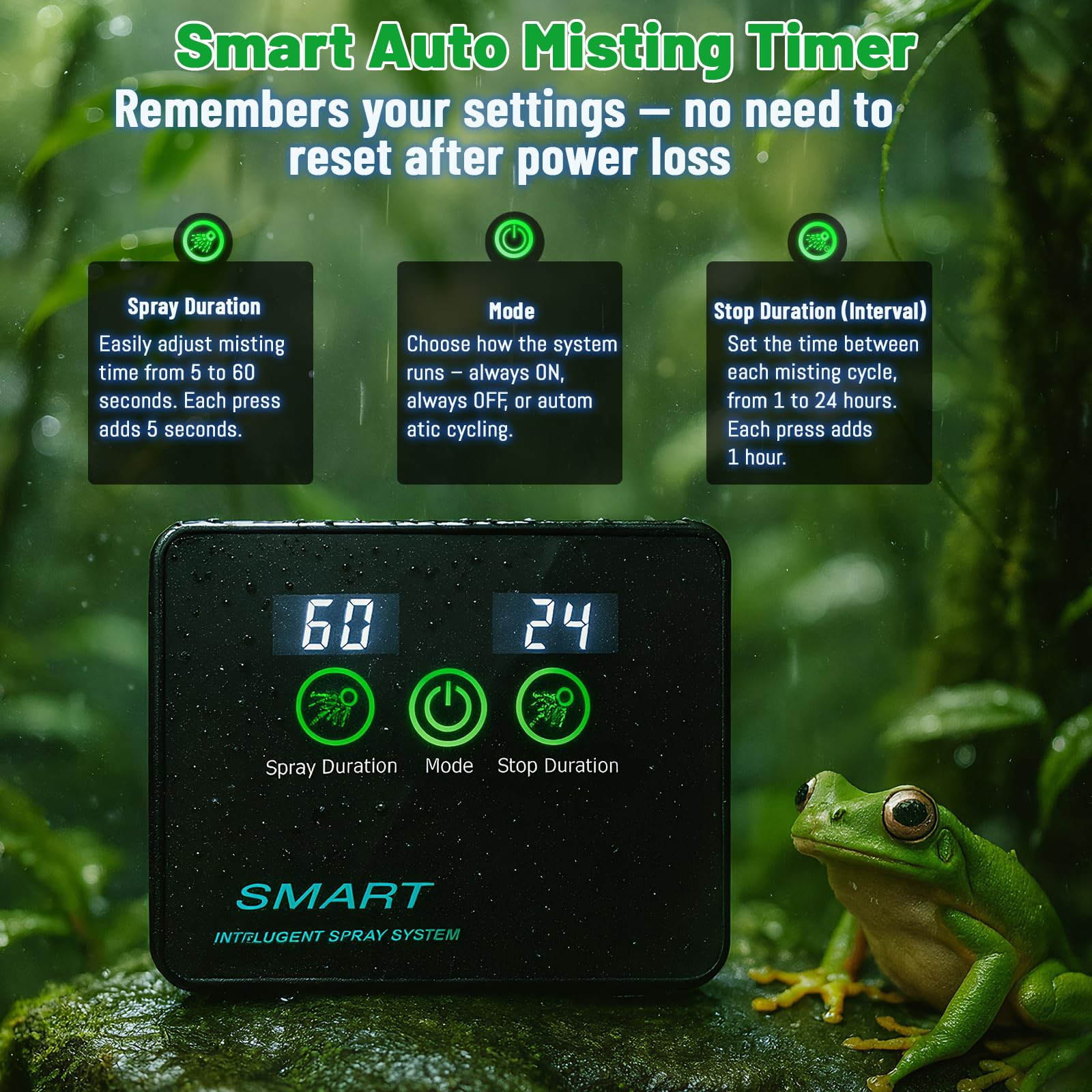 Ycxydr Reptile Mister LED display enables easy timer setup and mode selection.