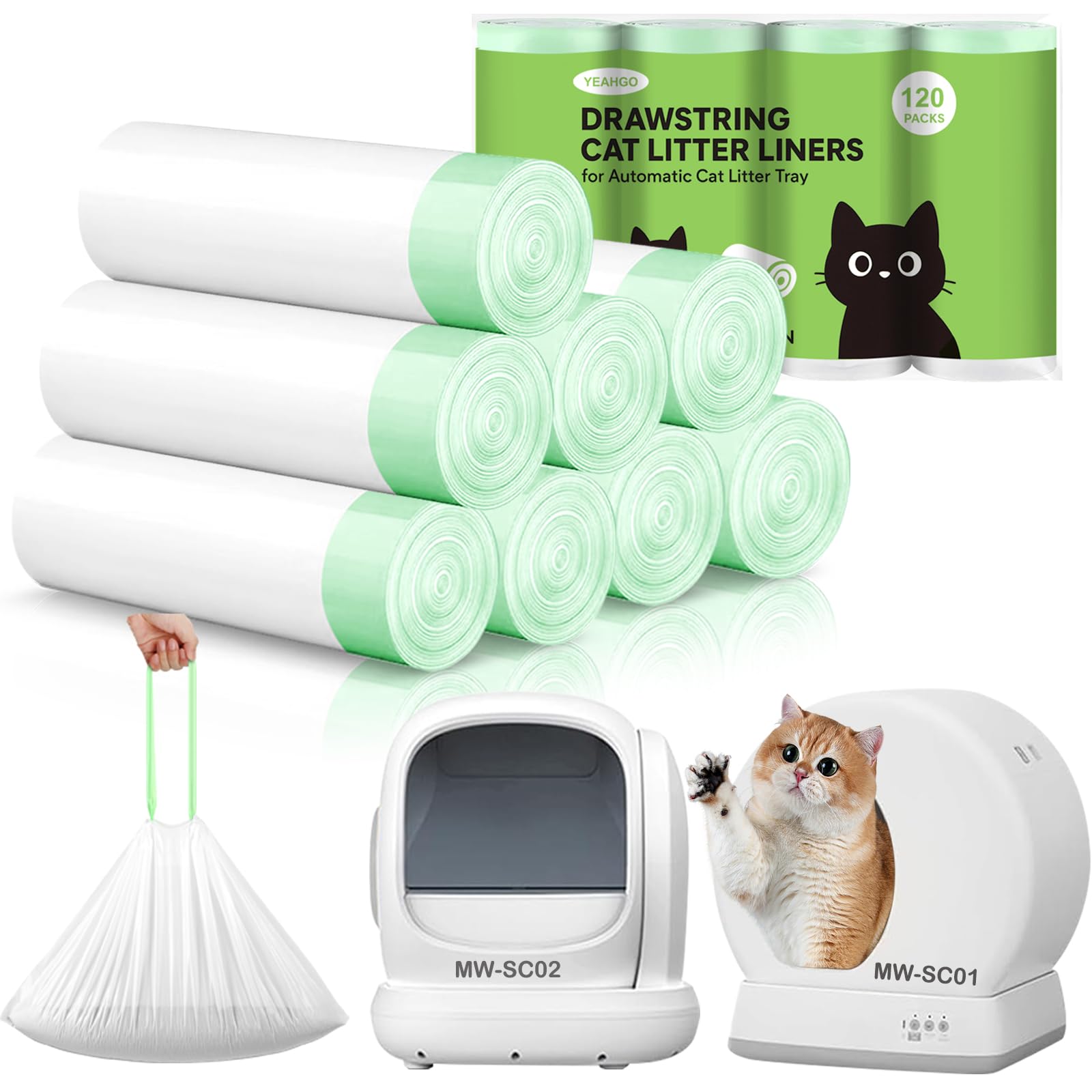 YEAHGO heavy-duty litter bag with drawstring seals odors for mess-free disposal.