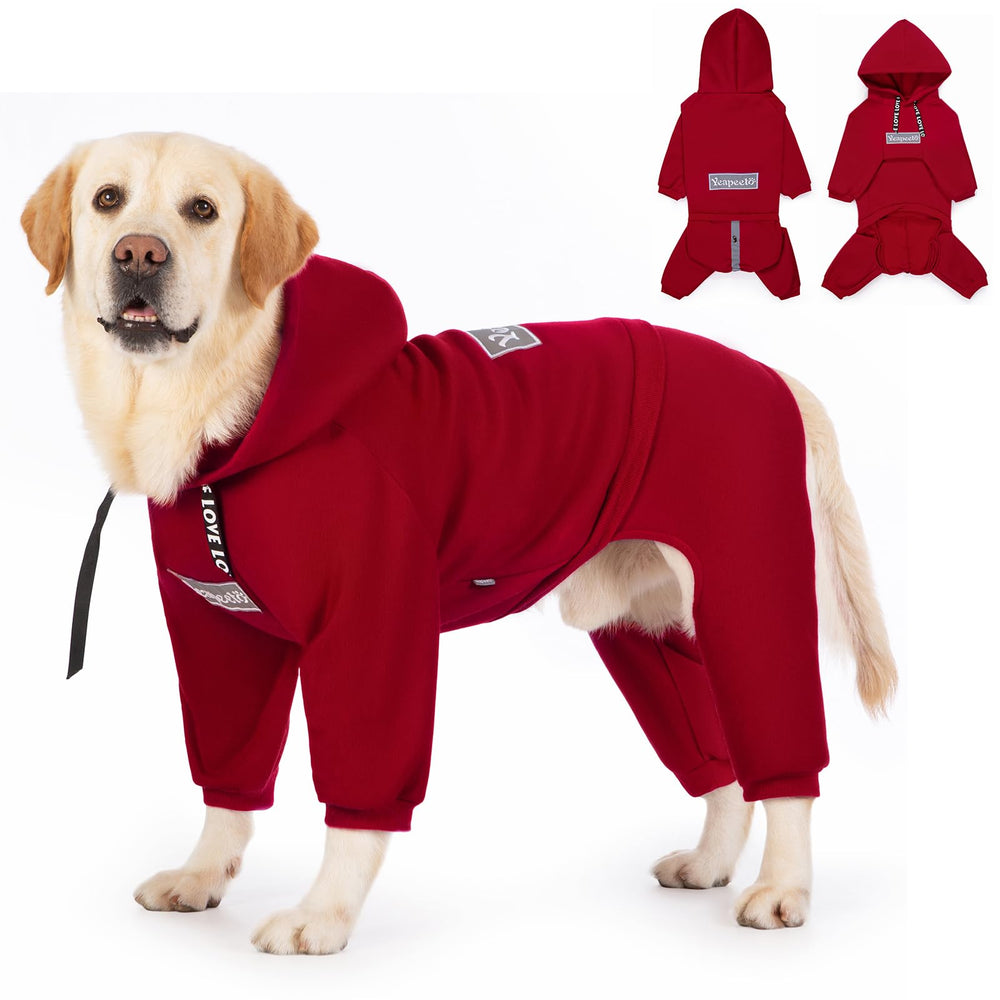 Yeapeeto dog hoodie front view in red keeps large breeds warmer during chilly walks.